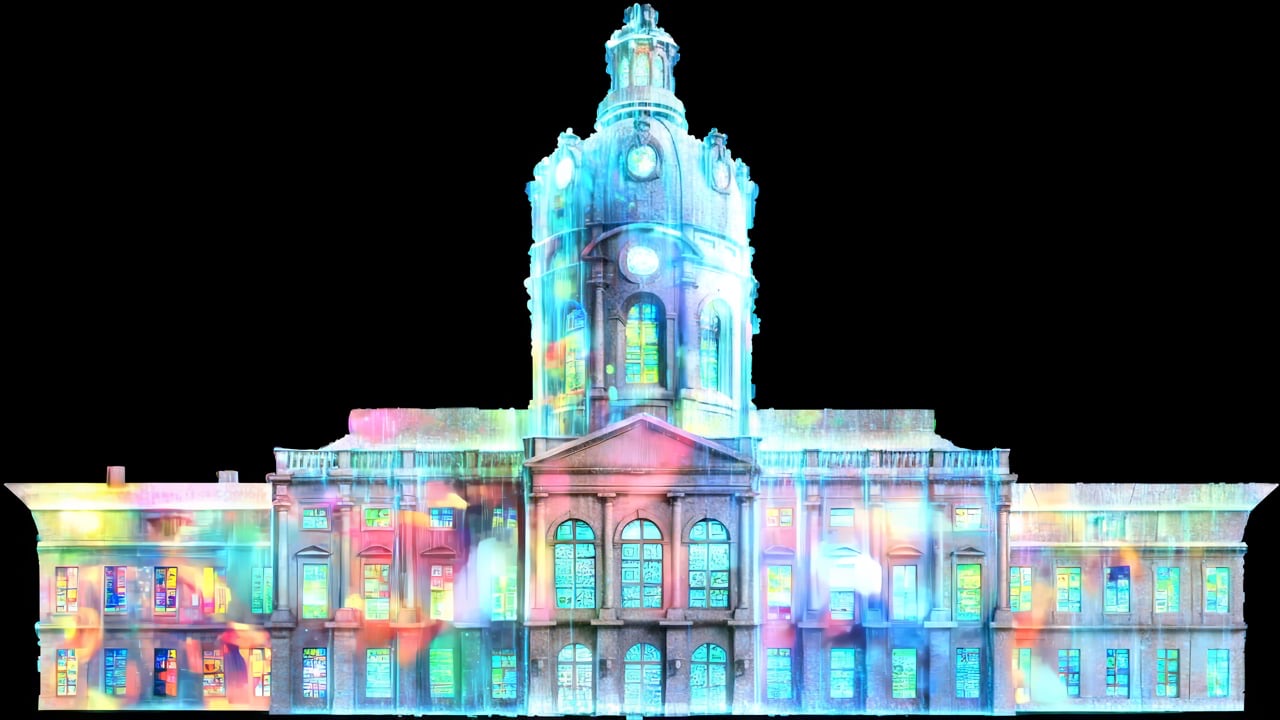 The baroque façade of Charlottenburg Palace in Berlin covered in a colourful 3D projection mapping of glowing data patterns