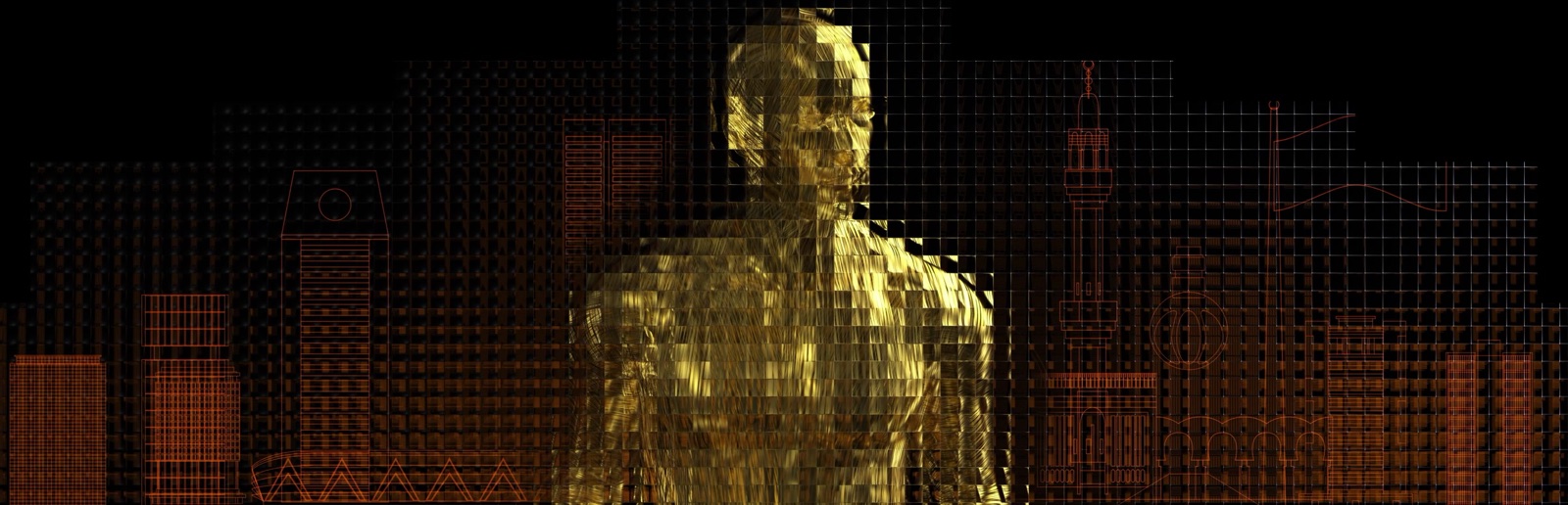 A golden figure of light rising out of a wall of ornament on the giant LED wall at City Walk Jeddah