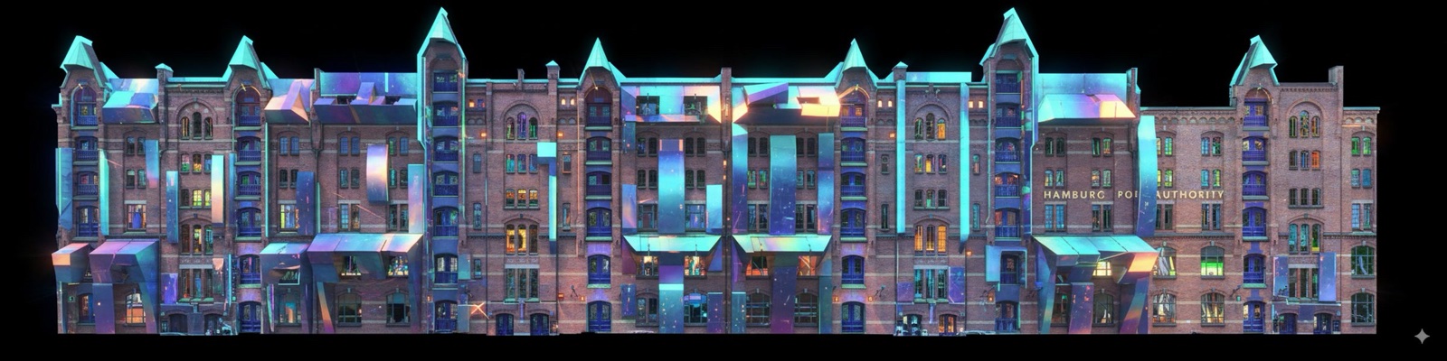 The long red-brick warehouse row of Hamburg’s Speicherstadt rendered in a panoramic projection mapping