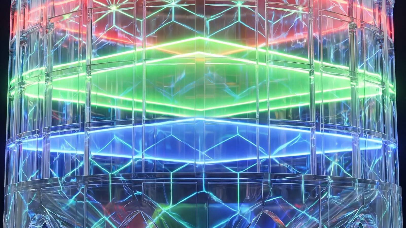 The 24-metre concrete silo of the Alembic Glass Factory in Bengaluru rendered as a transparent lattice by projection, with an amber interior glowing inside and holographic fog around it